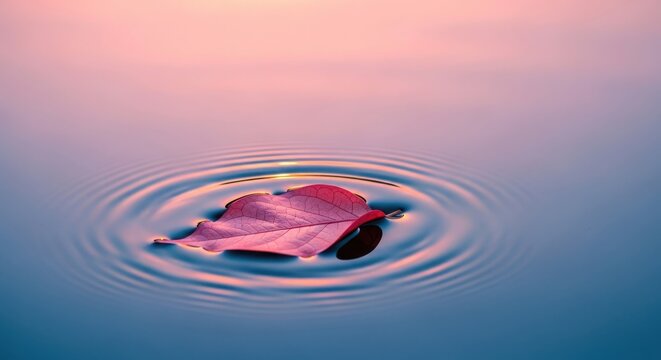 A single red leaf floats on the surface of calm water, creating gentle ripples in the soft, pastelcolored light of dawn or dusk