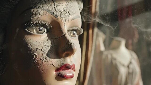Mannequin head covered in dust with cracks in abandoned building. Creepy horror doll in old decayed house footage.