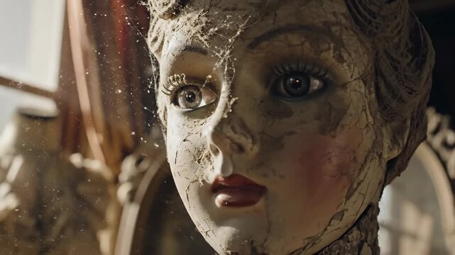 Cracked old mannequin woman head in abandoned house, dusty and creepy, concept of horror film, spooky doll footage.