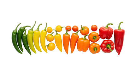 Colorful gradient of peppers isolated on transparent background showcasing the spectrum