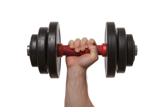 Hand lifting a heavy black dumbbell with red handle, symbol of fitness, bodybuilding, power training, gym workout, and strength exercise.