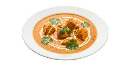 Delicious butter chicken dish isolated on transparent background, garnished with cilantro