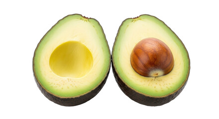 Two avocado halves, one with pit, isolated on transparent background, closeup view