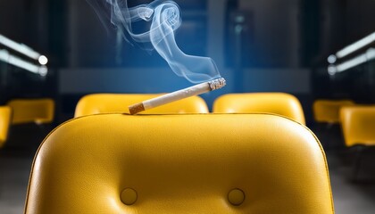 a cigarette smoking on the back of a yellow chair in a brightly lit waiting room