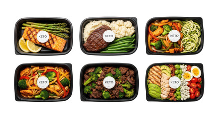 Selection of healthy meal prep containers isolated on transparent background
