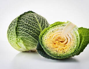 Fototapeta premium savoy cabbage still life fresh whole and halved heads on white background studio shot