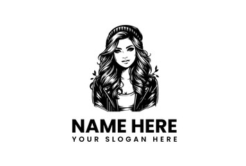 Logo of a woman with long wavy hair wearing a beanie and a jacket, suitable for fashion or beauty brands