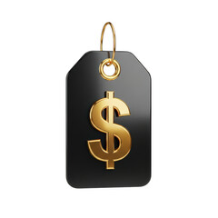 Black price tag with golden dollar sign isolated on transparent background
