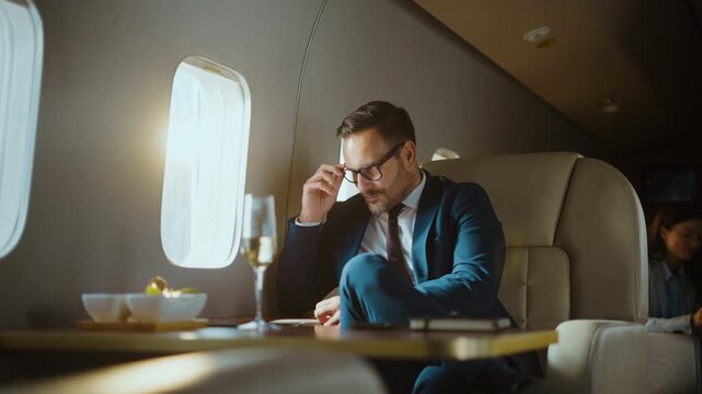 Confident businessman traveling in first class on a private jet, looking thoughtfully out the window while enjoying a glass of champagne during a luxurious business trip in the bright sunlight