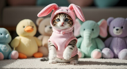 Kitten in Bunny Costume Surrounded by Stuffed Animals