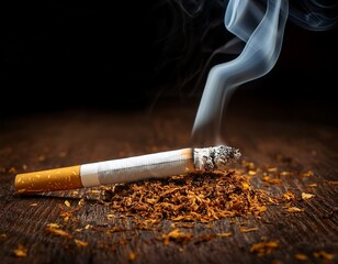 a cigarette burning and smoking on a dark wooden surface with scattered tobacco and ash