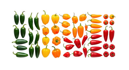 Colorful variety of peppers isolated on transparent background arranged by color