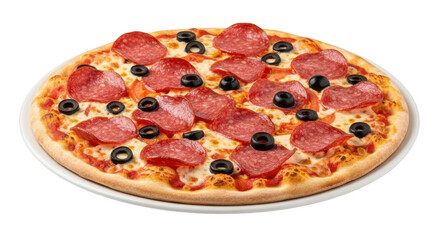 Delicious pepperoni pizza with black olives isolated on transparent background