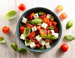 fresh greek salad bowl with feta tomatoes and basil