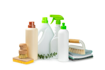 Eco cleaning products against isolated on white background. Eco-friendly home cleaning. A bottle of natural detergent surfaces, eco brushes, sponges, and rags. Cleaner concept.Cleaning supplies.