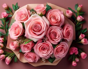 floral flower rosaceae bouquet perennial bloom packaged flat lay overhead pink rose wrapped blooming cut roses