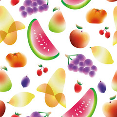 Seamless pattern with colorful fruits on a white background. The image features bright illustrations of watermelon, grapes, pears, apples, cherries, lemons, and plums.