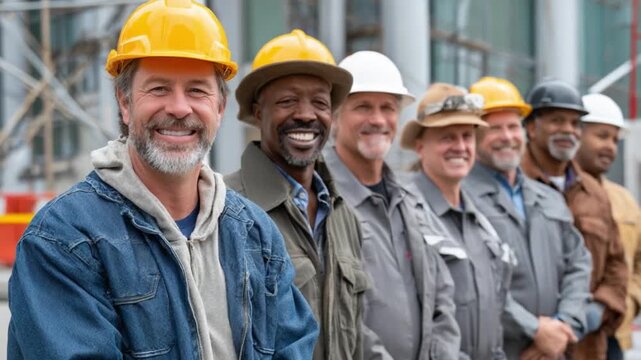 Construction Team: A row of construction workers, each wearing a hardhat, stands shoulder to shoulder, radiating confidence and teamwork. They embody the spirit of the industry.
