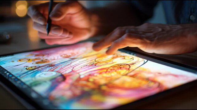 Close-up of a designer's hand drawing colorful abstract digital art using a stylus on a glowing tablet screen, emphasizing modern creativity.