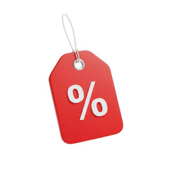 A red discount tag with a percentage sign isolated on transparent background