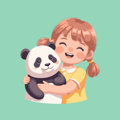 Girl Hugging Panda Plush Toy with Joyful Expression.