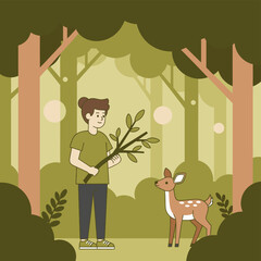 Man Offering Branch to Deer in Forest Illustration.