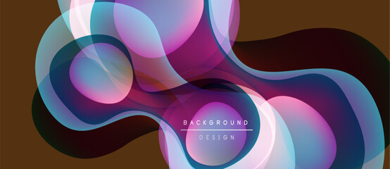 Abstract fluid shapes blend, creating vibrant color gradients. Modern design features overlapping translucent forms, dynamic composition.