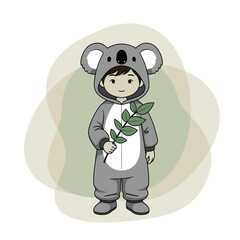 Child in Koala Costume Holding Eucalyptus Branch.