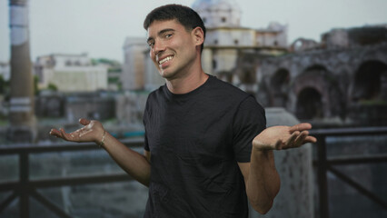 Man shrugging palms up on sunlit terrace at ancient roman ruins building with weathered marble...