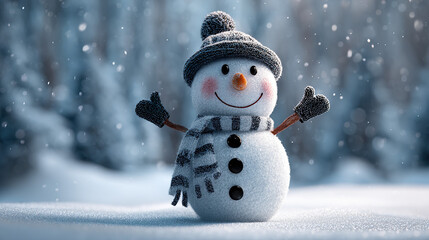 Obraz premium Cute snowman with raised arms, wearing hat and scarf, in falling snow; winter wonderland concept.