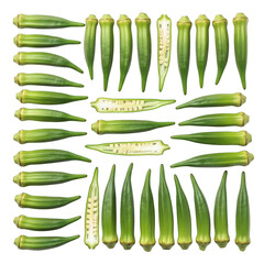 Okra pods arranged in a square isolated on transparent background, fresh and green