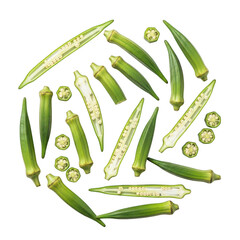 Overhead shot of fresh okra pods and slices isolated on transparent background