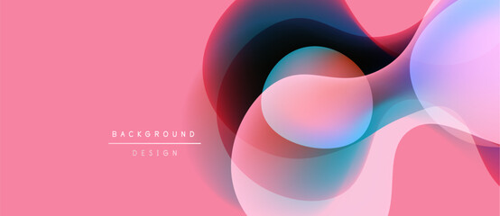 Abstract fluid shapes overlap pink backdrop. Modern design elements create dynamic visual experience. Minimalist text adds subtle branding.