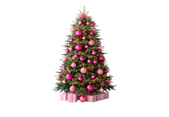 Pink Christmas tree with lights, pink ornaments and pink wrapped presents, isolated on a transparent background