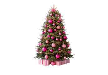 Pink Christmas tree with lights, pink ornaments and pink wrapped presents, isolated on a transparent background