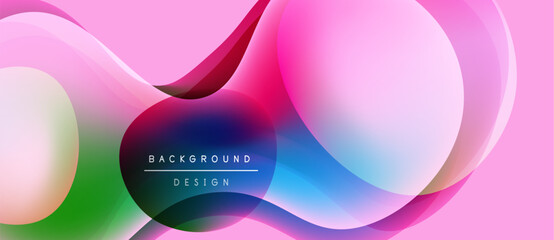 Abstract fluid shapes overlap, creating vibrant pink, green, blue gradients. Modern design element for backgrounds, presentations.