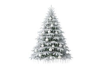 Fototapeta premium Snow-covered white Christmas tree with white ornaments and icicles hanging down, isolated on a transparent background