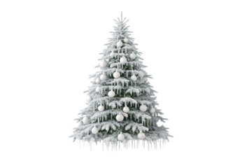 Snow-covered white Christmas tree with white ornaments and icicles hanging down, isolated on a transparent background