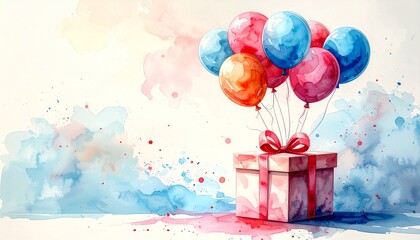 An image illustration of a surprise overflowing with joy and happiness, featuring a box and balloons drifting in the air