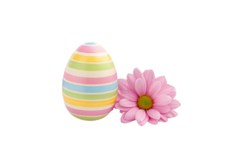 Pastel rainbow striped egg with blue pink yellow green bands beside pink daisy, isolated on a transparent background
