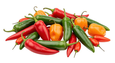 Pile of colorful hot chili peppers isolated on transparent background, close up