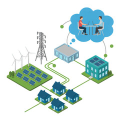 Illustration of a smart grid with renewable energy sources isolated on transparent background