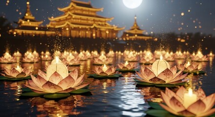 Enchanting Nightscape of Floating Lotus Lanterns Illuminating a Tranquil Lake with a Majestic Pagoda and Full Moon Backdrop, Evoking Serenity