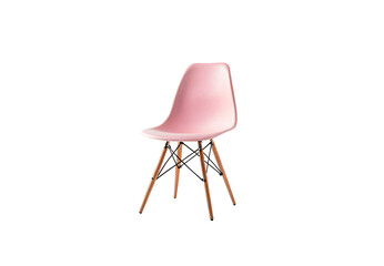 Pale pink modern chair with wooden legs and metal wire support, isolated on a transparent background
