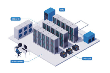 Isometric illustration of a server room isolated on transparent background
