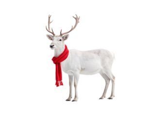 White reindeer wearing red knitted scarf standing facing left with branched antlers elegant pose, isolated on a transparent background