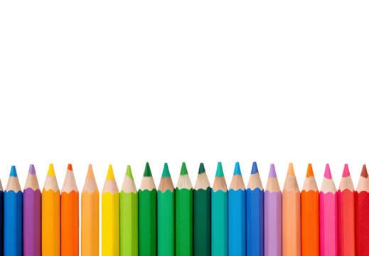 Rainbow colored pencils arranged in row showing vibrant spectrum from blue to red, isolated on a transparent background