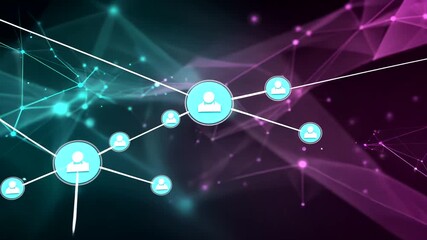 A digital abstract network depicts interconnected human icons within vibrant color gradients - Powered by Adobe