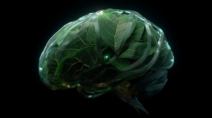 ai eco brain made of leaves and glowing fibers, futuristic yet organic