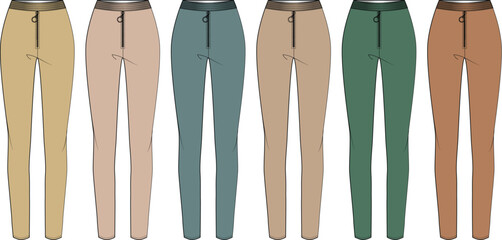 Women's skinny pants collection in multiple colors. Fashion technical flat sketch of casual trousers with zip front and elastic waistband